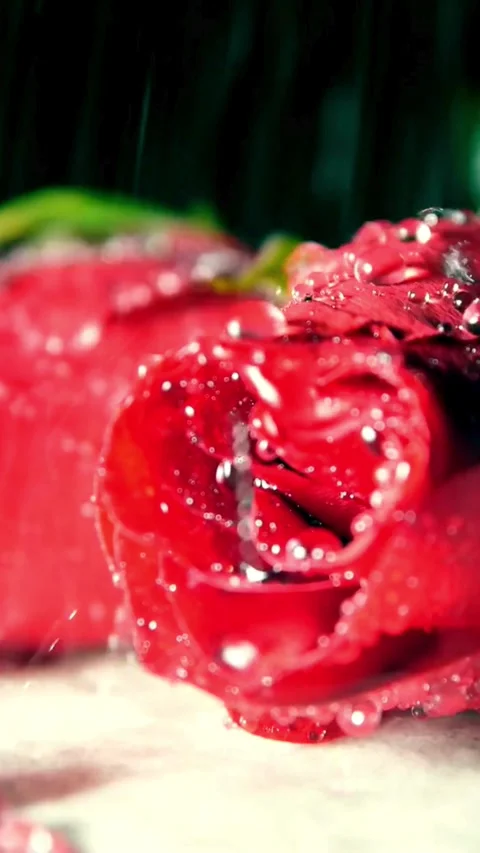 Water droplets falling on a red rose in rain Stock Footage 331933790