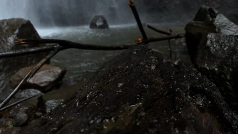 Water Droplets Falling, Wet Rocks and Log, Misty Waterfall, Low Angle Shot Stock Footage 324769622