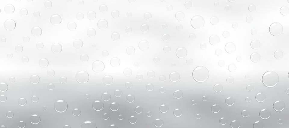 Water droplets on grey gradient background, 3D render. Condensation of steam in Illustrazione stock