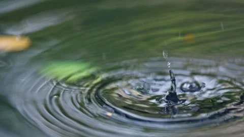 Water Droplets in Super Slow Motion on Reflective Pond Water surface Zen Splash Stock Footage 288038646