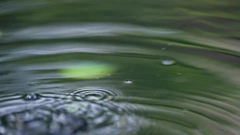 Water Droplets in Super Slow Motion on Reflective Pond Water surface Zen Splash Stock Footage 288038658