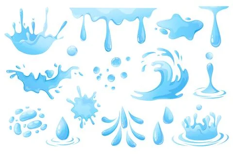 Water drops and splashes set graphic elements in flat design. Bundle of swirl Stock Illustration