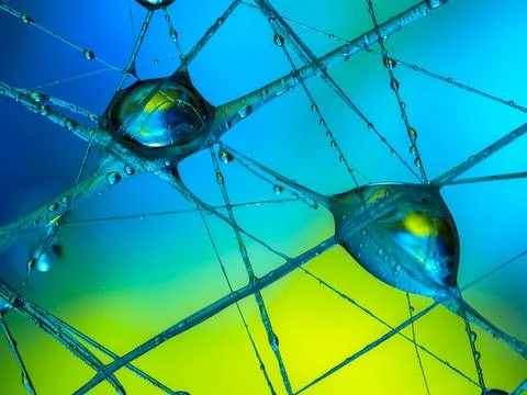 Water drops on an artificial spiderweb. Dynamic colorful background, abstra.. Stock Photos