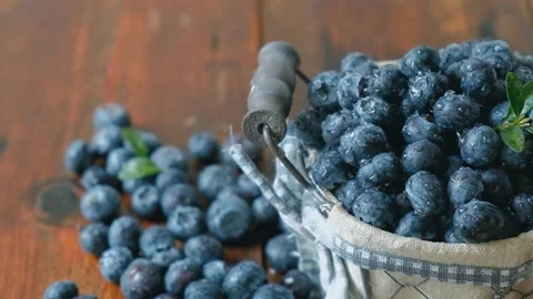 Water drops fall on blueberries Stock Footage 154476834