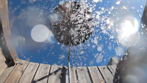 Water drops falling from an outdoor showerhead, creating refreshing splashes Stock Footage 342761018