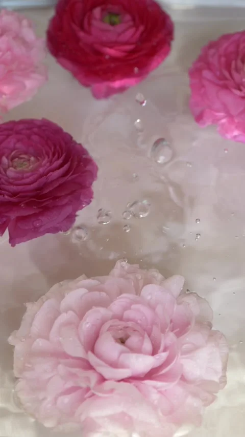 Water drops falling onto ranunculus flowers forming luxury spa background for Video stock 335042730