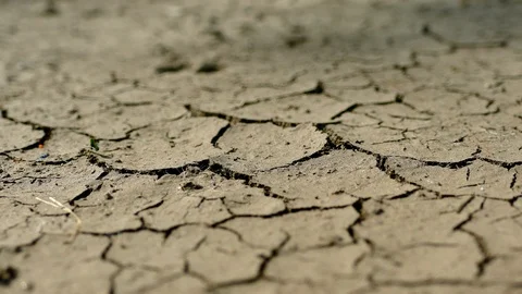 Water drops of rain fall on the cracked crust of soil from drought. The long Video stock 108674507