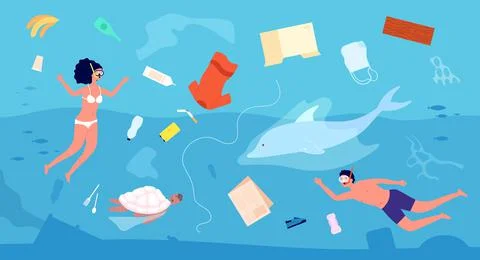 Water ecological problems. Sea pollution, trash or garbage fish turtle and Illustrazione stock