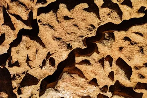 Water-eroded limestone patterns and sculpted rock hollows on a cave ceiling.. Stock Photos