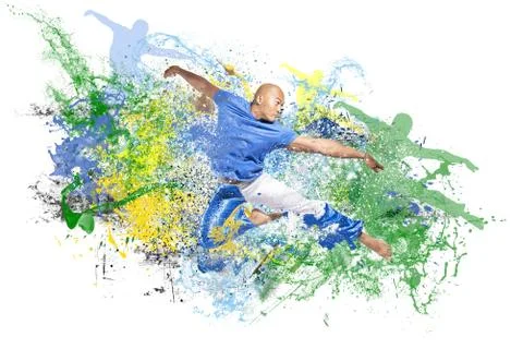 Water explosion with jumping dancer man Stock Photos