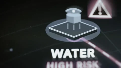 Water facility icon and warning triangle identify the water sector as high Stock Footage 343358476