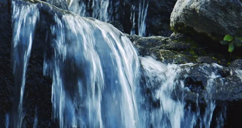 Water fall splashing over volcanic rock with coastal plants and moss Stock Footage 330755184