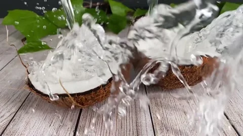 Water falling on coconut and splashing in slow motion. Stock Footage 130350522