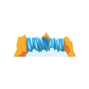 Water falling down from rocky cliff. Cartoon illustration of powerful waterfall イラスト素材