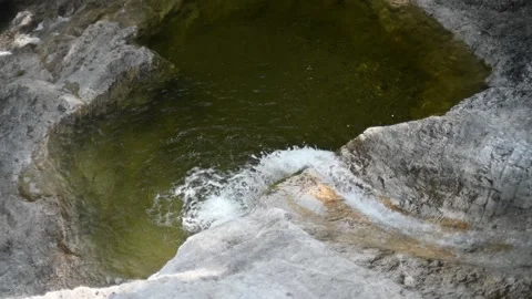 Water falling into a pool of a mountain river (slow motion) Stock-Footage 212744153