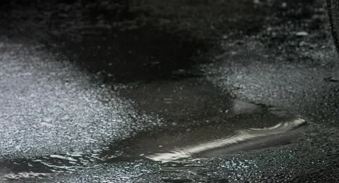 Water Falling in Puddle on Asphalt MS 4K Stock Footage 40514924