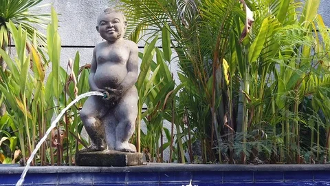 Water falls into the pool through the figure of a pissing boy. Stock Footage 111893336
