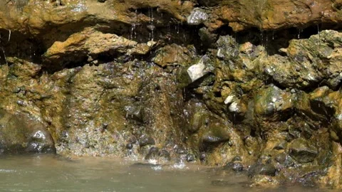 Water falls from a spring beside the river Stock Footage 287297129