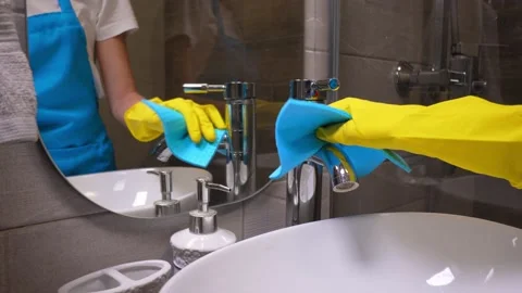 The water faucet is cleaned using yellow gloves and blue fabric. Stock Footage 231331215