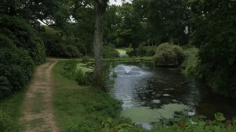 Water feature in centre of pond surrounded by green woodland, drone aerial 4K Stock Footage 101140731
