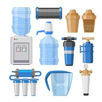 Water filter set collection, filtering clean drink in bottle and filtered o.. Stock Illustration