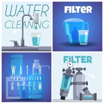 Water filter systems vector posters set, filter cartridge for tap, portable Illustration