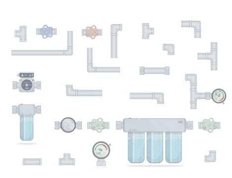 Water filter. Three modules cleaning. Set pipes. Water meter, tap and pump. Stock Illustration