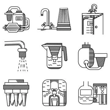 Water filters flat line vector icons Stock Illustration