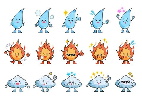 Water, fire, and cloud objects character set bundle Stock Illustration