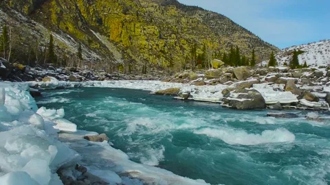 Water flow in the river among the thawing ice in the spring, Katun River, Altai Stock Footage 82448716