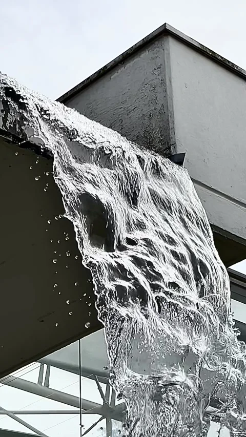 Water Flow: Streaming Down from Building Roof, Creating Dynamic Water Curtain Video stock 274237375