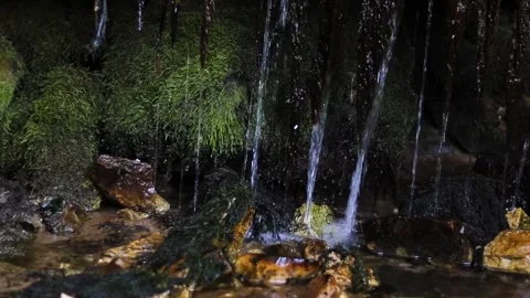 Water flowing into dark cave through slippy rock with green moss 스톡 동영상 202340521