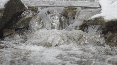Water flowing down stream in winter landscape slowmotion 100FPS Video stock 85538227