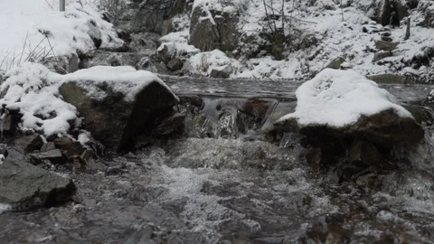 Water flowing down stream in winter landscape slowmotion 100FPS Video stock 85538236