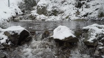 Water flowing down stream in winter landscape 4K Video stock 85538959