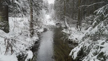 Water flowing down stream in winter landscape 4K Video stock 85539090