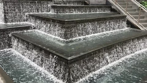 Water Flowing down in Terraced Stone Pond with Indoor Garden Видео 342536472