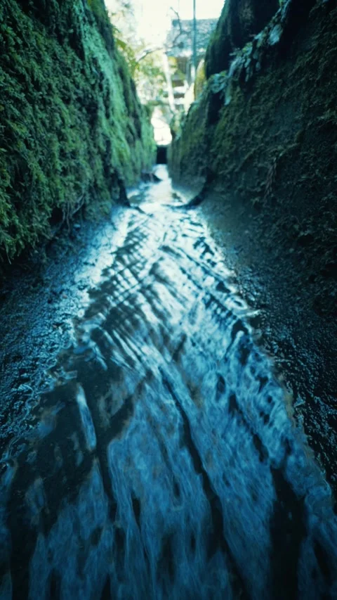 Water flowing fast through a narrow mossy stone channel Stock Footage 346272833