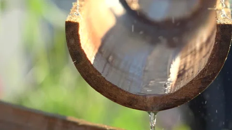 Water flowing inside hanging half bamboo, drops falling - Close up Stock Footage 55348312