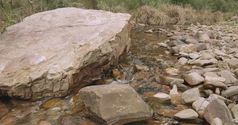 Water flowing past a large boulder in a rocky stony creek with long grass 库存影片 99423019