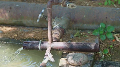 Water flowing from pipe to irrigate a vegetable garden Stock Footage 344800255