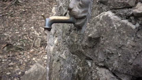 Water flowing in slow motion from a stone lione fountain Stock Footage 71310862