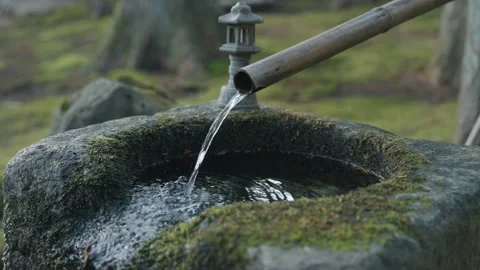 Water flowing through bamboo pipe in shrine in Buddhist temple grounds Vidéo 268384957