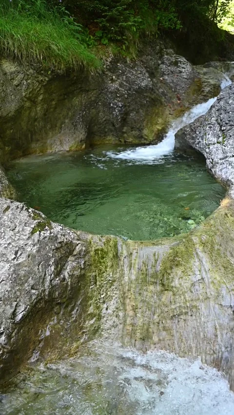 Water flowing through ponds of a small mountain stream in summer, vertical shot Video stock 288325180