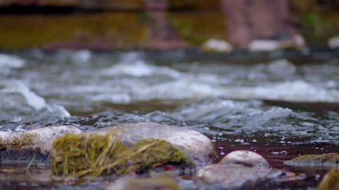 Water flowing through rocks in a river. Mountain stream Slow motion Video stock 141220491