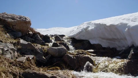 Water flowing through rocks on snow mountain Stock Footage 116743919