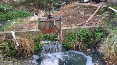 Water flowing through a rustic metal irrigation gate in the countryside Vídeo Stock 338171277