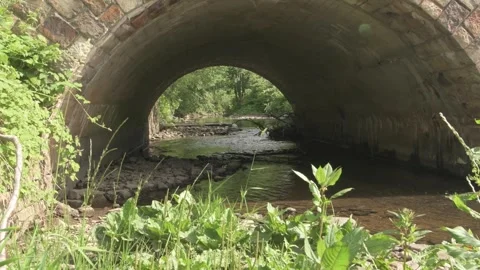 Water Flowing Under old Stone Bridge in Summer Stock Footage 325265411
