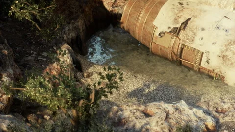 Water flows around a rusted object near rocky terrain in a dry area Stock Footage 344105954
