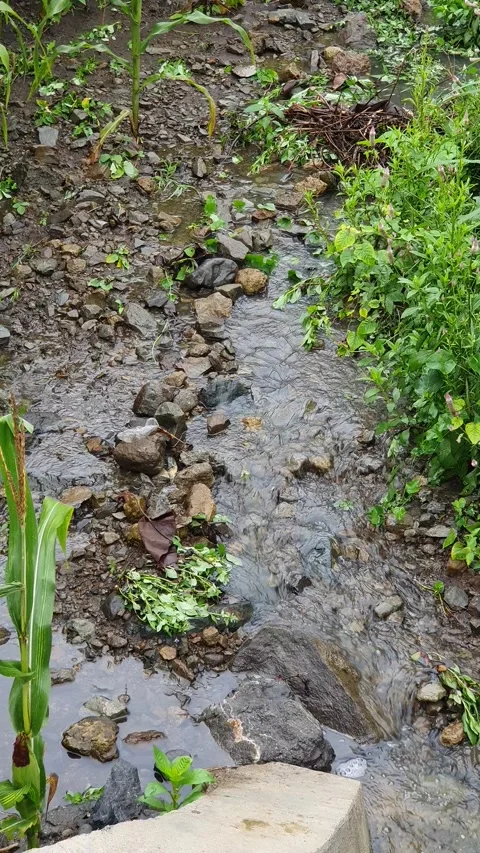 Water flows between 2 hills Stock Footage 301418043